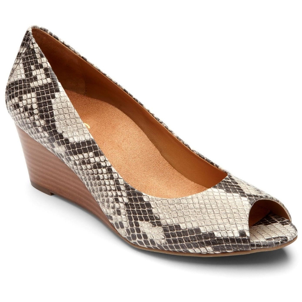 Vionic Snake-Print Peep Toe Wedge in Black and Cream